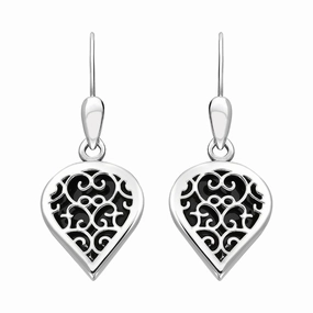 Sterling Silver Whitby Jet Flore Filigree Heart Drop Earrings