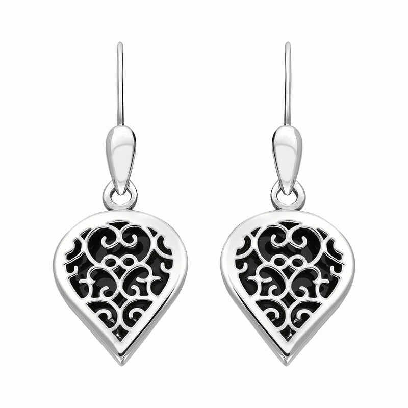 Sterling Silver Whitby Jet Flore Filigree Heart Drop Earrings