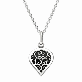 Sterling Silver Whitby Jet Flore Filigree Small Heart Necklace