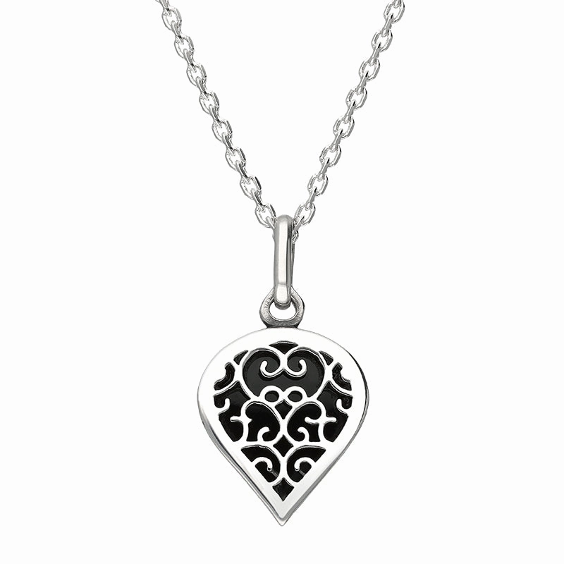 Sterling Silver Whitby Jet Flore Filigree Small Heart Necklace