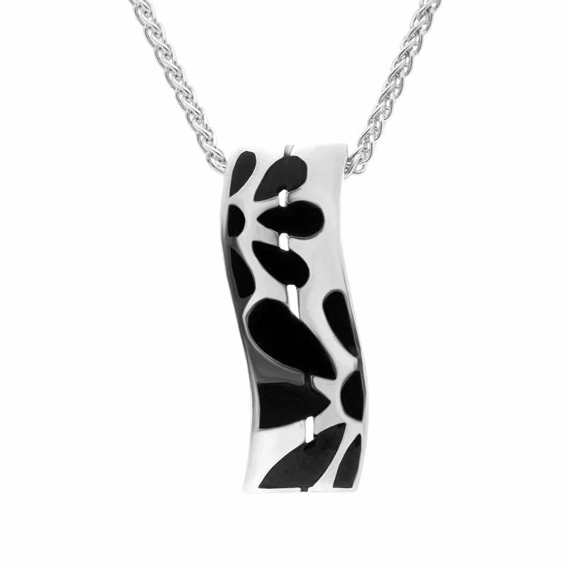 Sterling Silver Whitby Jet Flower Pattern Wavy Oblong Necklace D