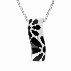 Sterling Silver Whitby Jet Flower Pattern Wavy Oblong Necklace D