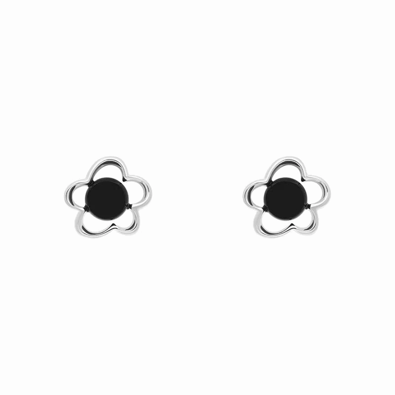 Sterling Silver Whitby Jet Flower Stud Earrings
