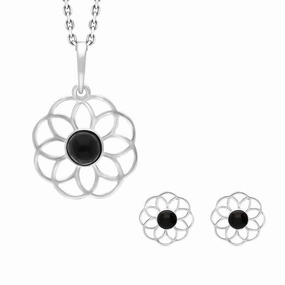 Sterling Silver Whitby Jet Flower Two Piece Set