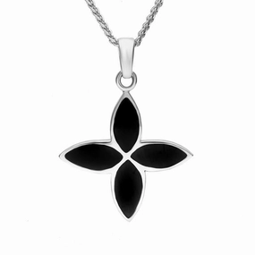 Sterling Silver Whitby Jet Four Stone Cross Necklace D