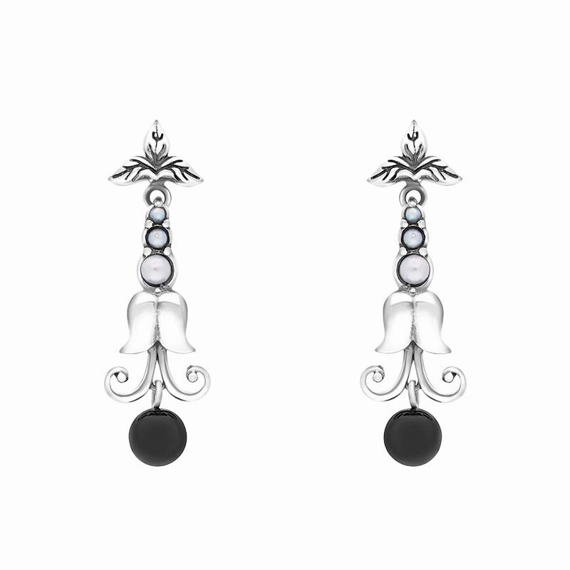 Sterling Silver Whitby Jet Freshwater Pearl Scrollwork Drop Earrings