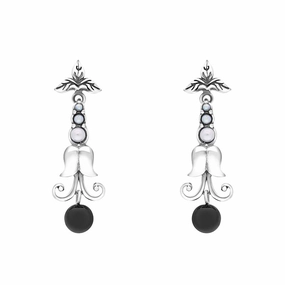 Sterling Silver Whitby Jet Freshwater Pearl Scrollwork Drop Earrings