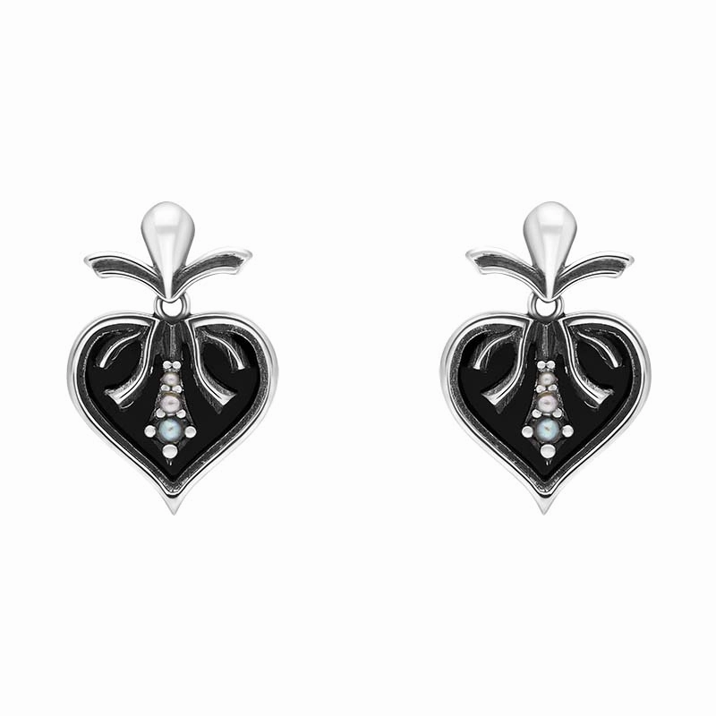Sterling Silver Whitby Jet Freshwater Pearl Victoriana Drop Earrings D