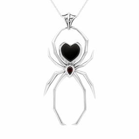 Sterling Silver Whitby Jet Garnet Spider Pendant Necklace