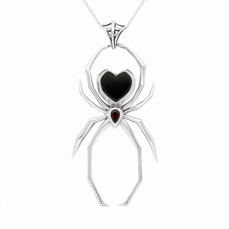 Sterling Silver Whitby Jet Garnet Spider Pendant Necklace