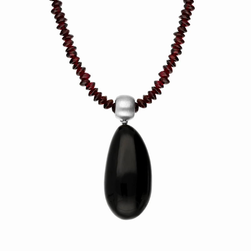Sterling Silver Whitby Jet Garnet T-Bar Necklace D