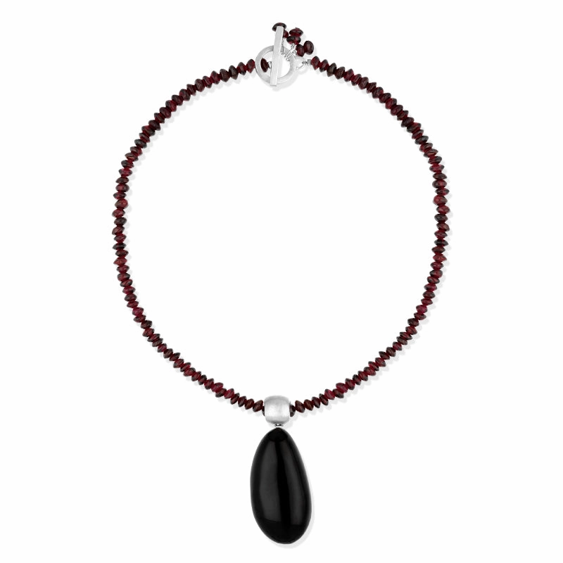 Sterling Silver Whitby Jet Garnet T-Bar Necklace D