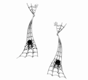 Sterling Silver Whitby Jet Gothic Articulated Spider Web Drop Earrings