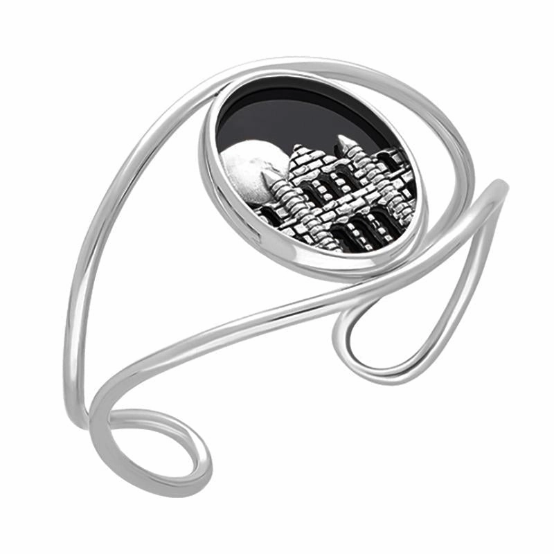Sterling Silver Whitby Jet Gothic Moon and Abbey Cuff Bangle