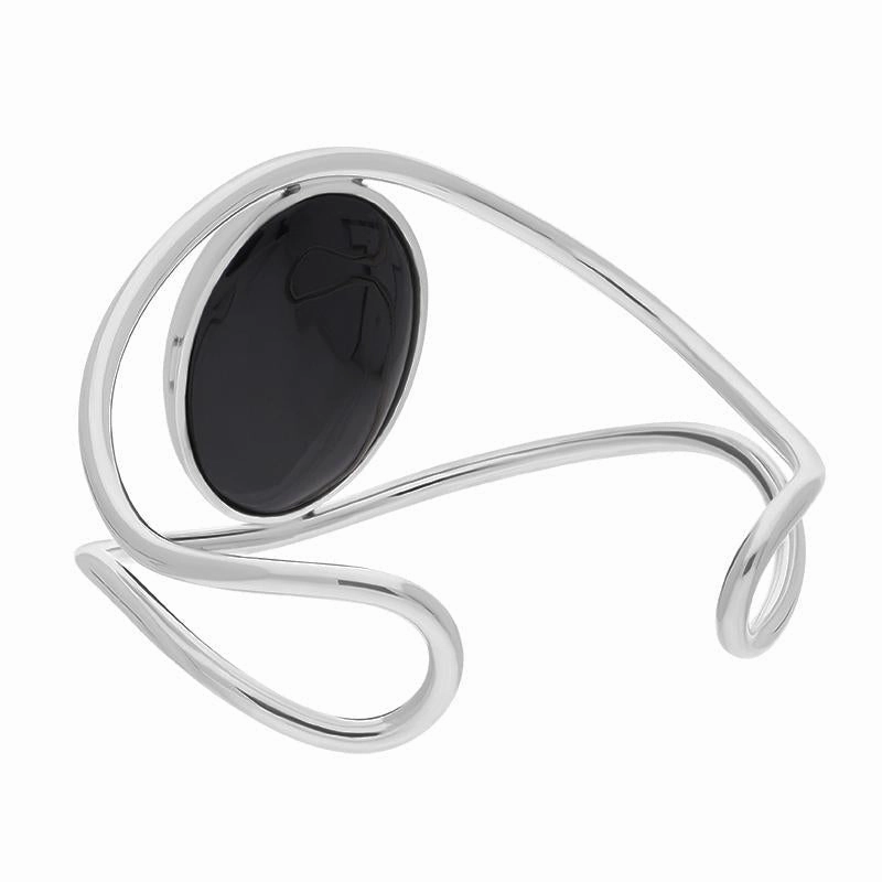 Sterling Silver Whitby Jet Gothic Moon and Wave Cuff Bangle
