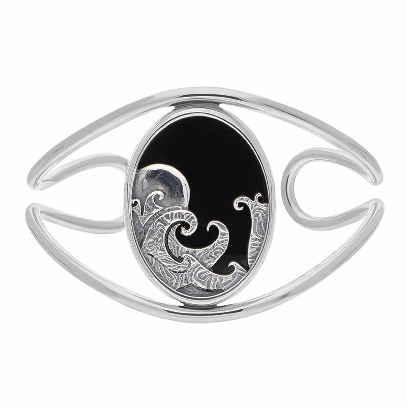 Sterling Silver Whitby Jet Gothic Moon and Wave Cuff Bangle