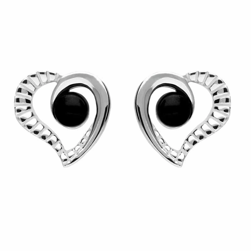 Sterling Silver Whitby Jet Half Ridged Heart Stud Earrings