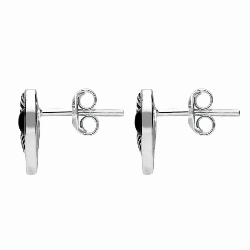 Sterling Silver Whitby Jet Half Ridged Heart Stud Earrings