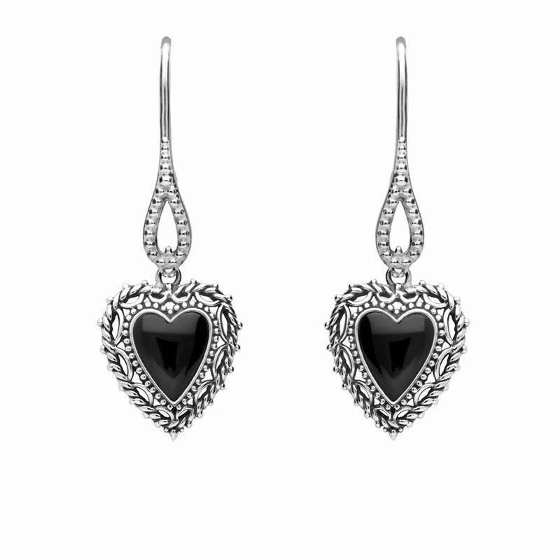 Sterling Silver Whitby Jet Heart Drop Earrings