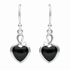 Sterling Silver Whitby Jet Heart Loop Hook Earrings