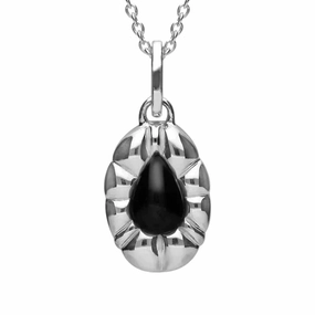 Sterling Silver Whitby Jet Heritage Pear Shaped Beaded Edge Necklace