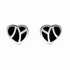 Sterling Silver Whitby Jet Inlaid Heart Stud Earrings