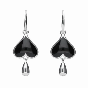 Sterling Silver Whitby Jet Inverted Heart Teardrop Hook Earrings