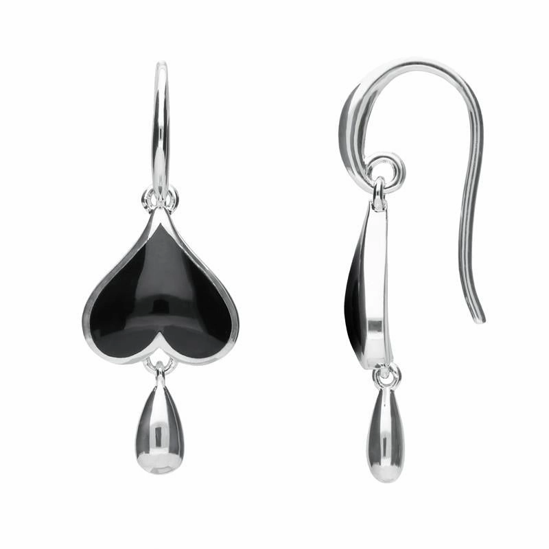 Sterling Silver Whitby Jet Inverted Heart Teardrop Hook Earrings