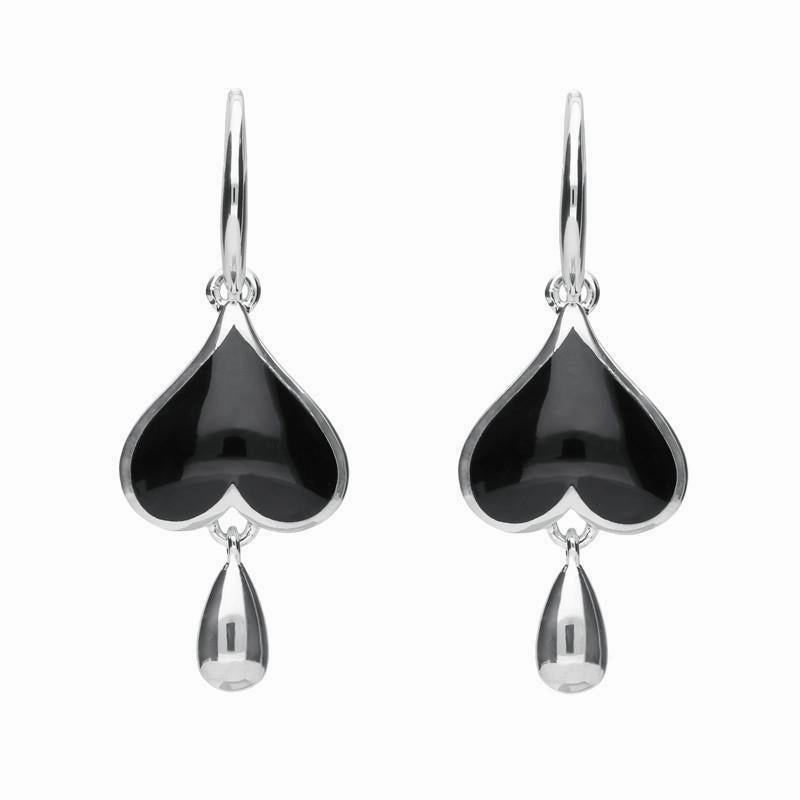 Sterling Silver Whitby Jet Inverted Heart Teardrop Hook Earrings