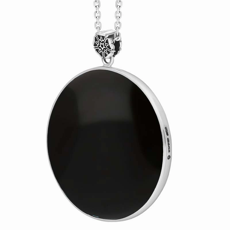 Sterling Silver Whitby Jet King's Coronation Hallmark Large Round Crown Emblem Necklace D