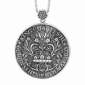 Sterling Silver Whitby Jet King's Coronation Hallmark Large Round Crown Emblem Necklace D