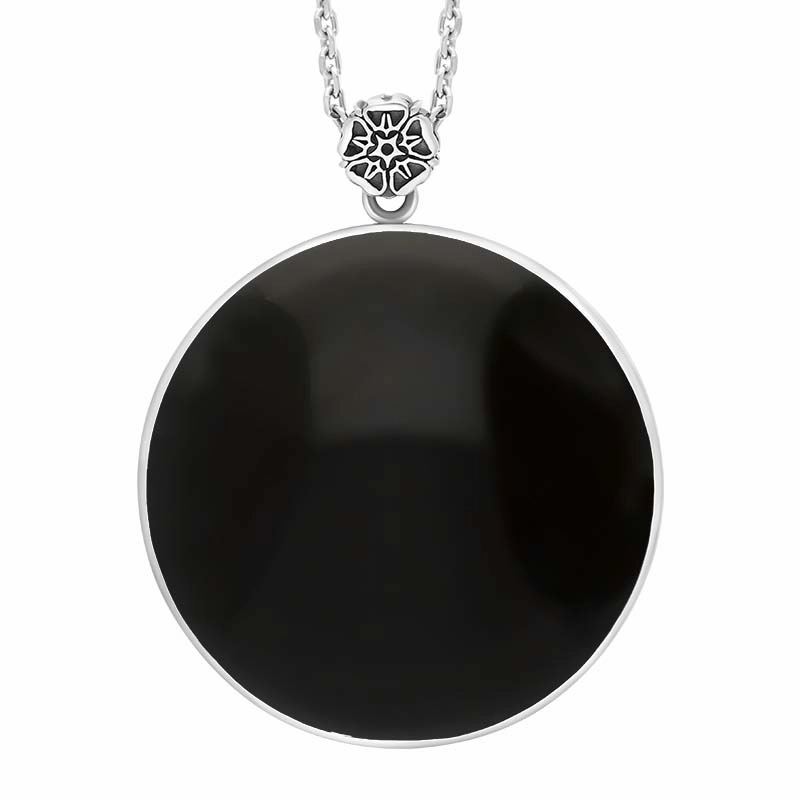 Sterling Silver Whitby Jet King's Coronation Hallmark Large Round Crown Emblem Necklace D