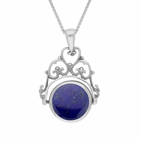 Sterling Silver Whitby Jet Lapis Lazuli Double Sided Round Swivel Fob Necklace