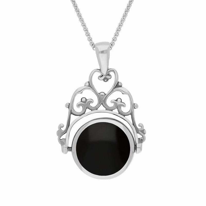 Sterling Silver Whitby Jet Lapis Lazuli Double Sided Round Swivel Fob Necklace