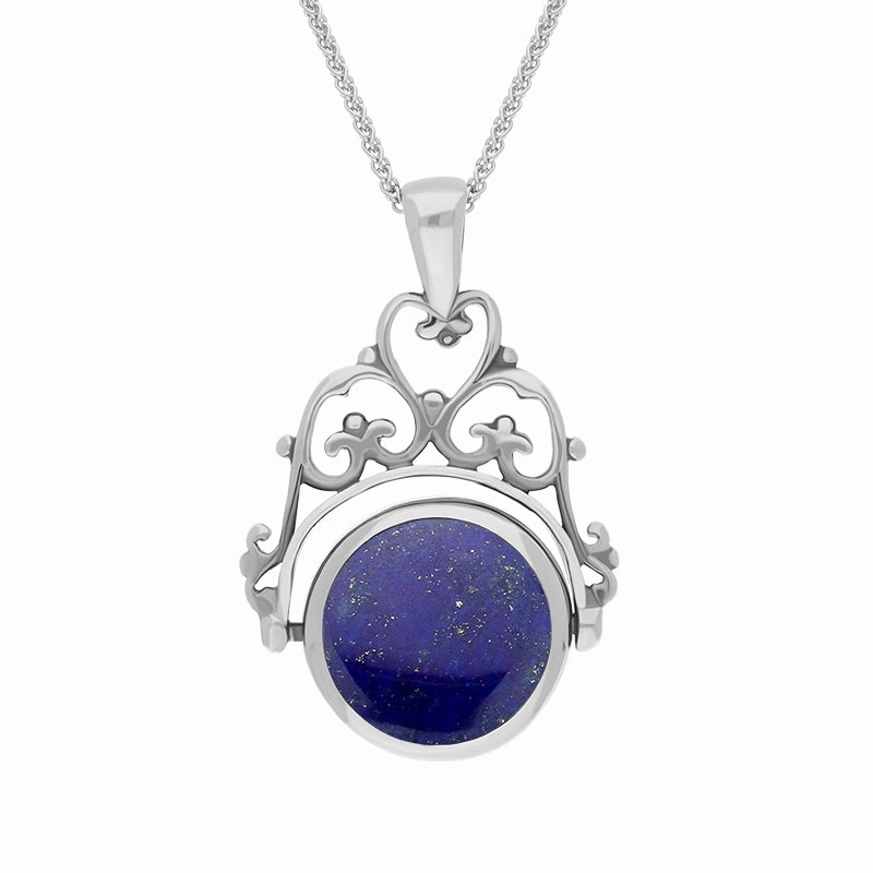 Sterling Silver Whitby Jet Lapis Lazuli Double Sided Round Swivel Fob Necklace