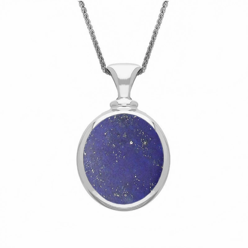 Sterling Silver Whitby Jet Lapis Lazuli Small Double Sided Oval Fob Necklace