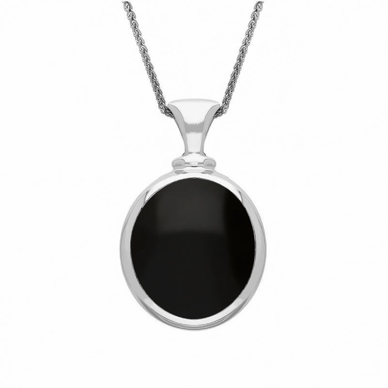 Sterling Silver Whitby Jet Lapis Lazuli Small Double Sided Oval Fob Necklace