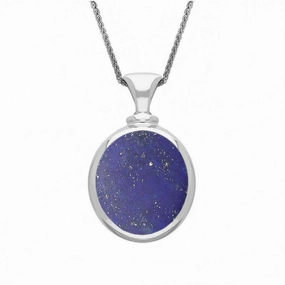 Sterling Silver Whitby Jet Lapis Lazuli Small Double Sided Oval Fob Necklace