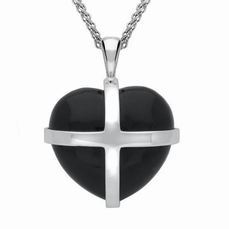 Sterling Silver Whitby Jet Large Cross Heart Necklace