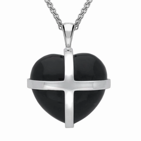 Sterling Silver Whitby Jet Large Cross Heart Necklace