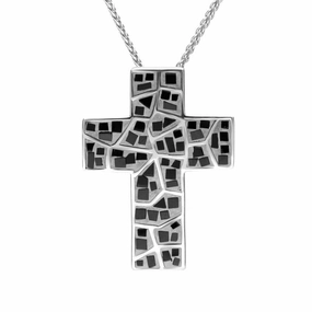 Sterling Silver Whitby Jet Large Mosaic Cross Necklace