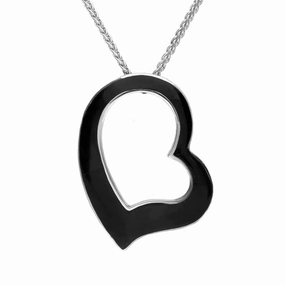 Sterling Silver Whitby Jet Large Open Heart Necklace D