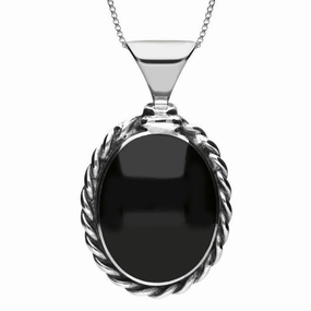 Sterling Silver Whitby Jet Large Oval Rope Edge Necklace