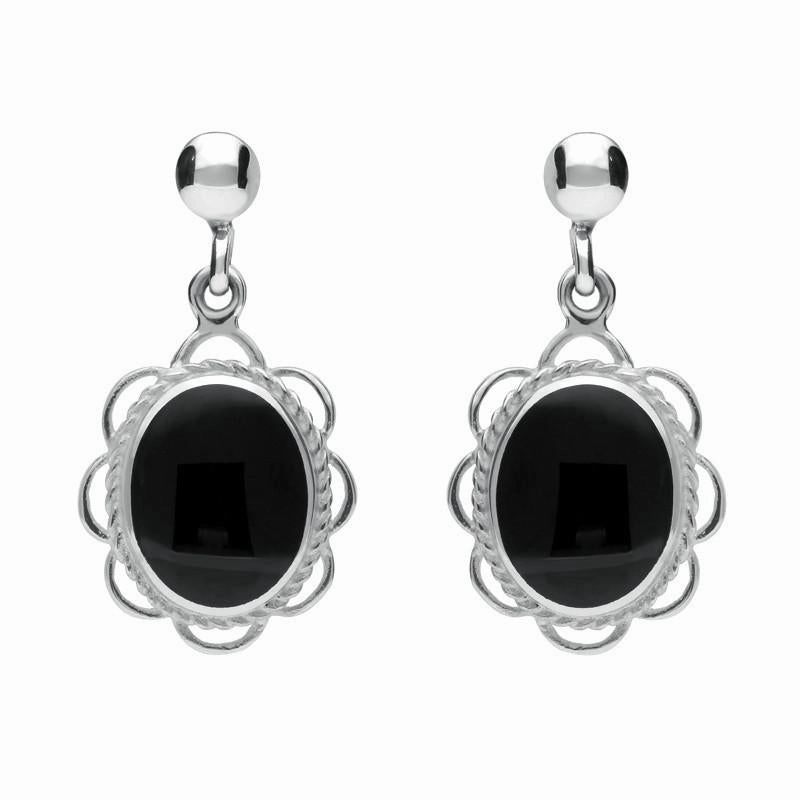 Sterling Silver Whitby Jet Large Oval Rope Frill Drop Earrings