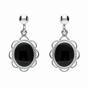 Sterling Silver Whitby Jet Large Oval Rope Frill Drop Earrings