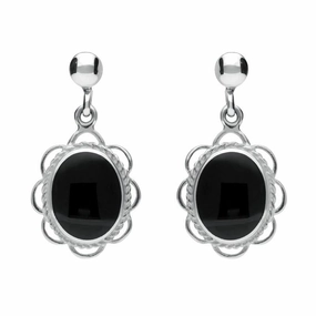 Sterling Silver Whitby Jet Large Oval Rope Frill Drop Earrings