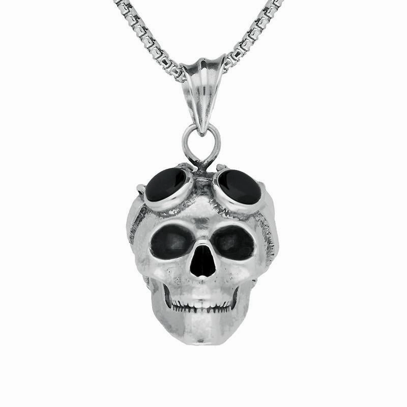Sterling Silver Whitby Jet Large Skull Goggles Necklace