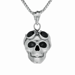 Sterling Silver Whitby Jet Large Skull Goggles Necklace