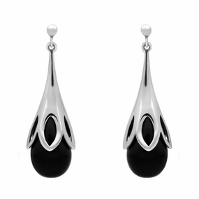 Sterling Silver Whitby Jet Large Tulip Drop Earrings