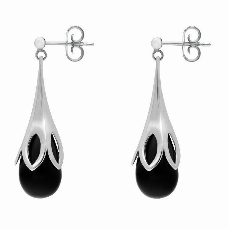 Sterling Silver Whitby Jet Large Tulip Drop Earrings